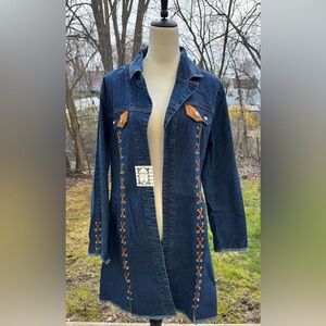 Ethyl South Western Denim Jacket Long Duster Cotton/Spandex Lace Up Size L NWT